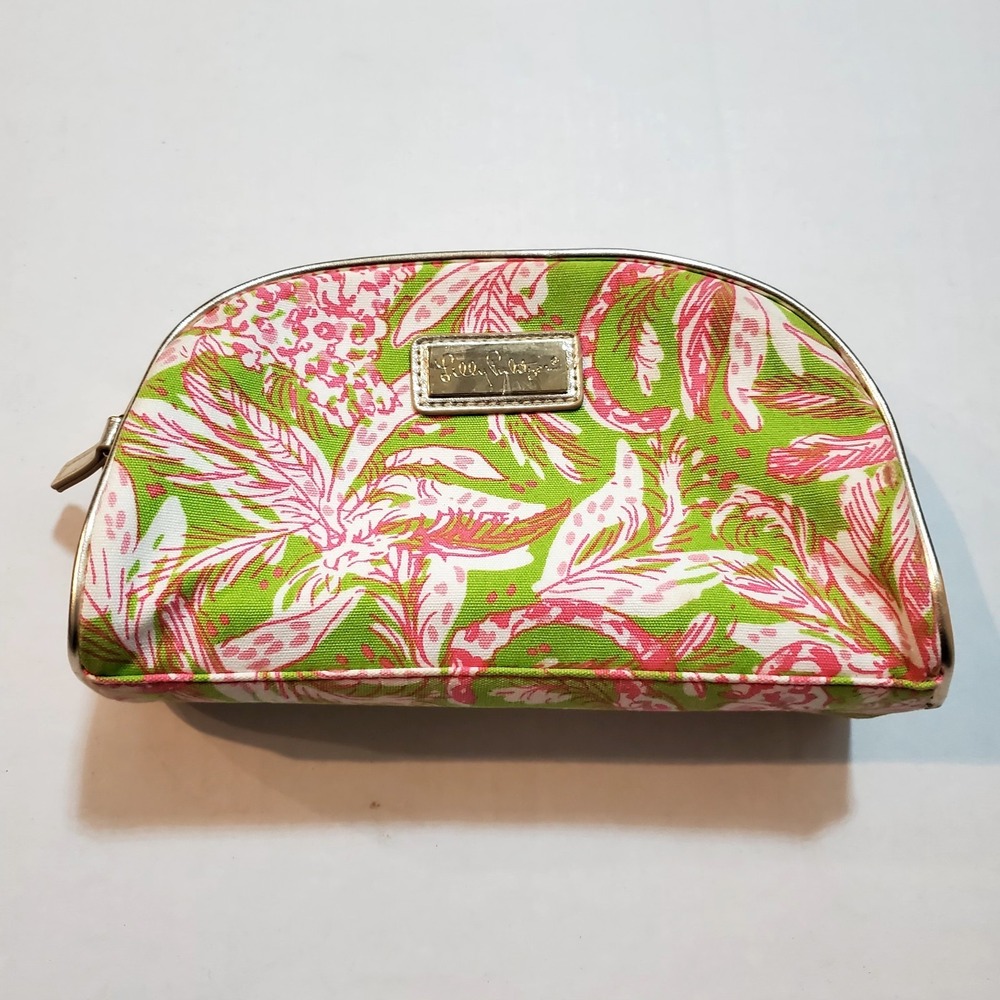 Lilly Pulitzer Double Zip Makeup Bag Lush Green Cougar Pink Tropical 8x5x3